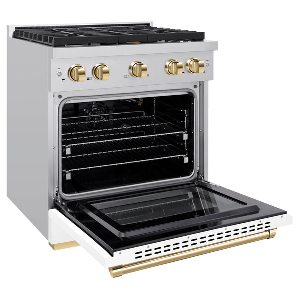 ZLINE Autograph Edition 30 in. 4.2 cu. ft. Paramount Gas Range with 4 Burner Cooktop and Convection Gas Oven in Stainless Steel with White Matte Door and Polished Gold Accents (SGRZ-WM-30-G)