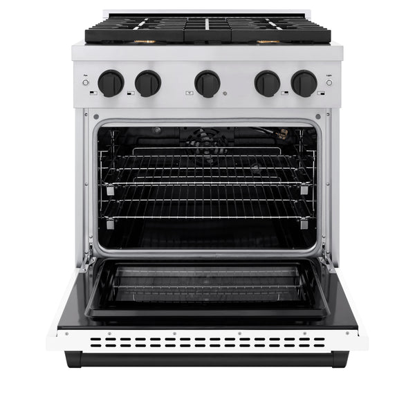 ZLINE Autograph Edition 30 in. 4.2 cu. ft. Paramount Gas Range with 4 Burner Cooktop and Convection Gas Oven in Stainless Steel with White Matte Door and Matte Black Accents (SGRZ-WM-30-MB)