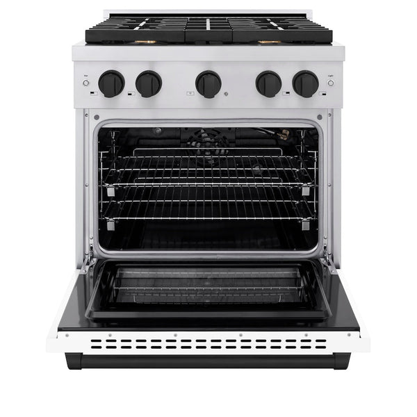 ZLINE Autograph Edition 30 in. 4.2 cu. ft. Paramount Gas Range with 4 Burner Cooktop and Convection Gas Oven in Stainless Steel with White Matte Door and Matte Black Accents, Open Box-Good Condition