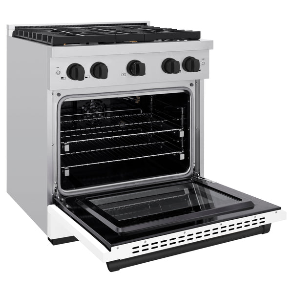 ZLINE Autograph Edition 30 in. 4.2 cu. ft. Paramount Gas Range with 4 Burner Cooktop and Convection Gas Oven in Stainless Steel with White Matte Door and Matte Black Accents (SGRZ-WM-30-MB)