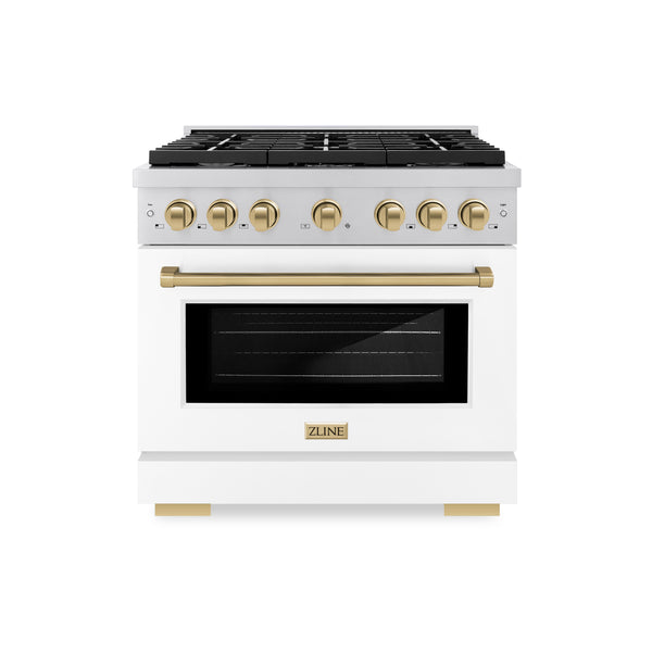 ZLINE Autograph Edition 36 in. 5.2 cu. ft. Paramount Dual Fuel Range with 6 Burner Gas Cooktop and Electric Convection Oven in Stainless Steel with White Matte Door and Champagne Bronze Accents, Open Box-Great Condition