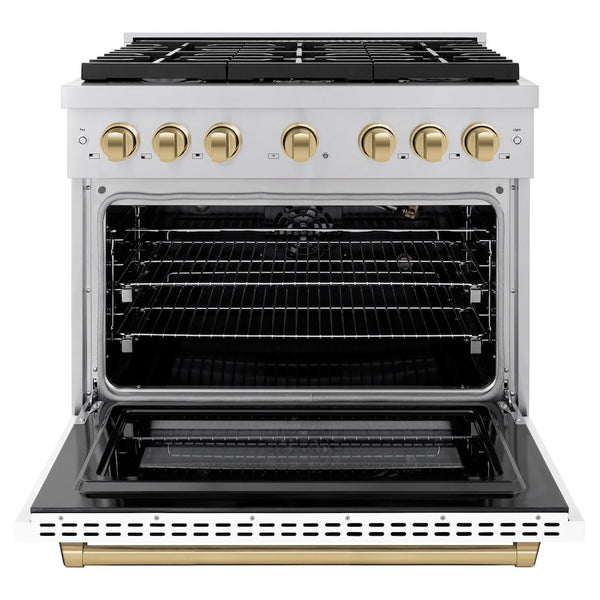 ZLINE Autograph Edition 36 in. 5.2 cu. ft. Paramount Gas Range with 6 Burner Cooktop and Convection Gas Oven in Stainless Steel with White Matte Door and Champagne Bronze Accents, Open Box-Good Condition
