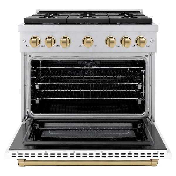 ZLINE Autograph Edition 36 in. 5.2 cu. ft. Paramount Dual Fuel Range with 6 Burner Gas Cooktop and Electric Convection Oven in Stainless Steel with White Matte Door and Champagne Bronze Accents, Open Box-Good Condition