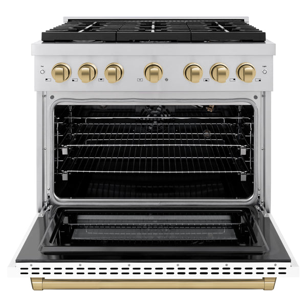 ZLINE Autograph Edition 36 in. 5.2 cu. ft. Paramount Gas Range with 6 Burner Cooktop and Convection Gas Oven in Stainless Steel with White Matte Door and Champagne Bronze Accents, Open Box-Great Condition