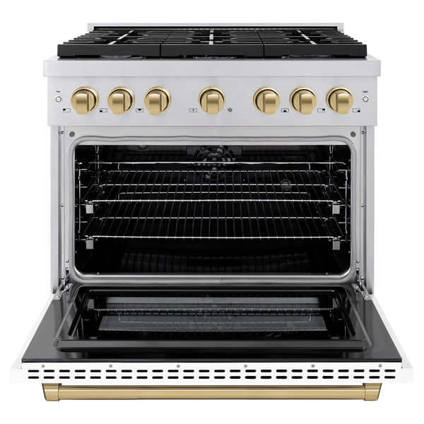 ZLINE Autograph Edition 36 in. 5.2 cu. ft. Paramount Dual Fuel Range with 6 Burner Gas Cooktop and Electric Convection Oven in Stainless Steel with White Matte Door and Champagne Bronze Accents, Open Box-Great Condition