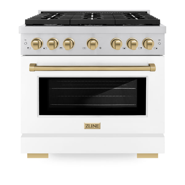 ZLINE Autograph Edition 36 in. 5.2 cu. ft. Paramount Dual Fuel Range with 6 Burner Gas Cooktop and Electric Convection Oven in Stainless Steel with White Matte Door and Champagne Bronze Accents (SDRZ-WM-36-CB)