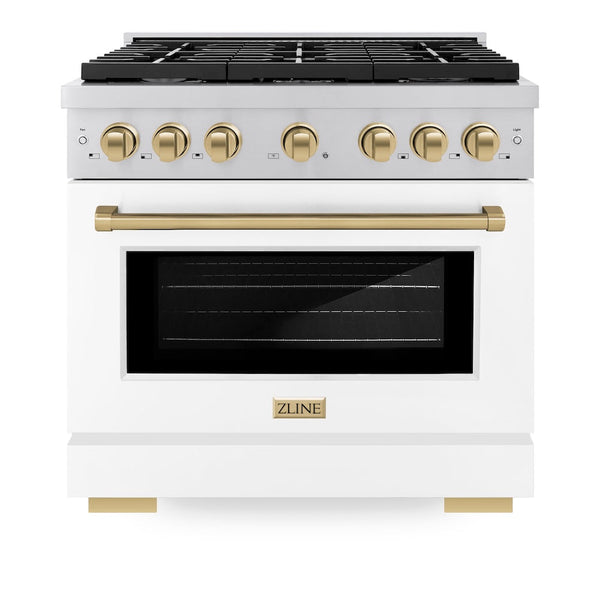 ZLINE Autograph Edition 36 in. 5.2 cu. ft. Paramount Dual Fuel Range with 6 Burner Gas Cooktop and Electric Convection Oven in Stainless Steel with White Matte Door and Champagne Bronze Accents, Open Box-Good Condition