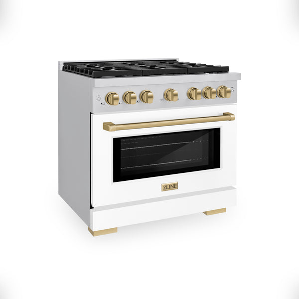 ZLINE Autograph Edition 36 in. 5.2 cu. ft. Paramount Gas Range with 6 Burner Cooktop and Convection Gas Oven in Stainless Steel with White Matte Door and Champagne Bronze Accents (SGRZ-WM-36-CB)