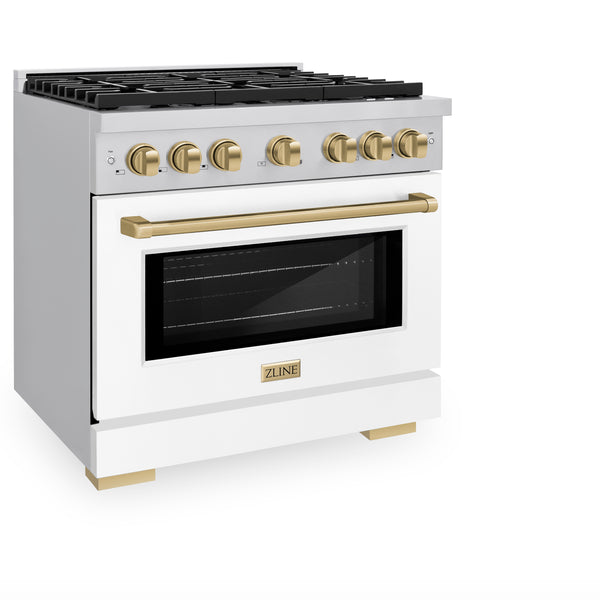 ZLINE Autograph Edition 36 in. 5.2 cu. ft. Paramount Gas Range with 6 Burner Cooktop and Convection Gas Oven in Stainless Steel with White Matte Door and Champagne Bronze Accents (SGRZ-WM-36-CB)