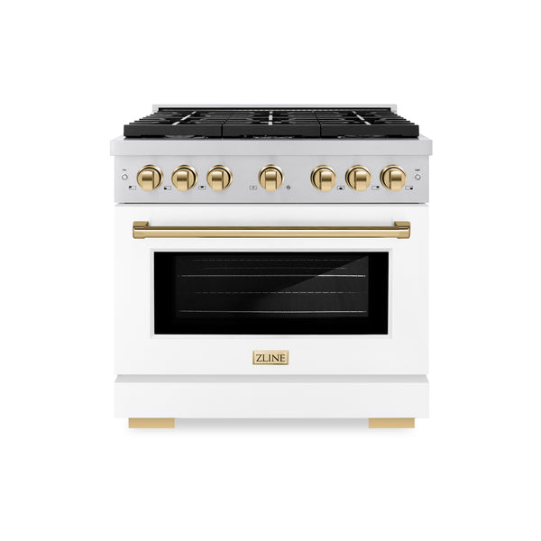 ZLINE Autograph Edition 36 in. 5.2 cu. ft. Paramount Gas Range with 6 Burner Cooktop and Convection Gas Oven in Stainless Steel with White Matte Door and Polished Gold Accents (SGRZ-WM-36-G)