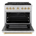 ZLINE Autograph Edition 36 in. 5.2 cu. ft. Paramount Gas Range with 6 Burner Cooktop and Convection Gas Oven in Stainless Steel with White Matte Door and Polished Gold Accents, Open Box-Good Condition