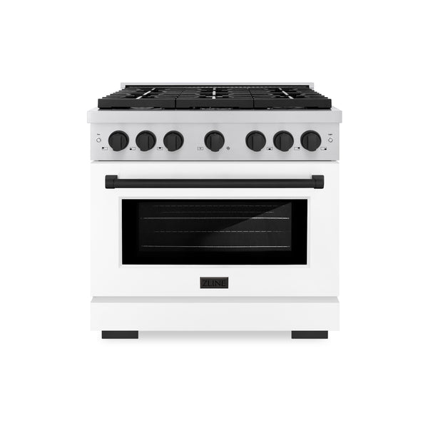 ZLINE Autograph Edition 36 in. 5.2 cu. ft. Paramount Gas Range with 6 Burner Cooktop and Convection Gas Oven in Stainless Steel with White Matte Door and Matte Black Accents (SGRZ-WM-36-MB)