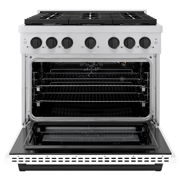 ZLINE Autograph Edition 36 in. 5.2 cu. ft. Paramount Gas Range with 6 Burner Cooktop and Convection Gas Oven in Stainless Steel with White Matte Door and Matte Black Accents, Open Box-Great Condition