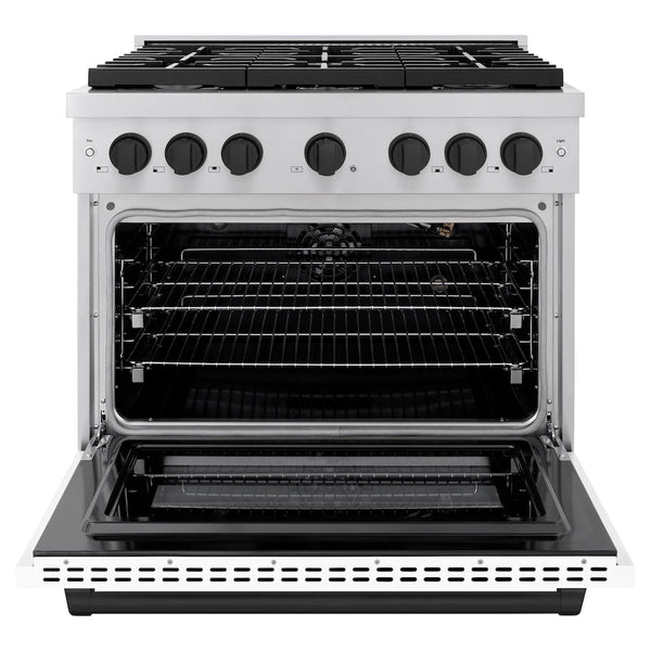 ZLINE Autograph Edition 36 in. 5.2 cu. ft. Paramount Gas Range with 6 Burner Cooktop and Convection Gas Oven in Stainless Steel with White Matte Door and Matte Black Accents, Open Box-Good Condition