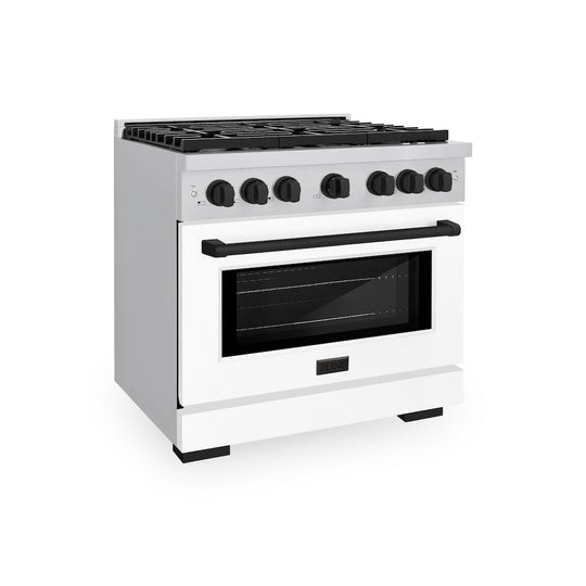 ZLINE Autograph Edition 36 in. 5.2 cu. ft. Paramount Gas Range with 6 Burner Cooktop and Convection Gas Oven in Stainless Steel with White Matte Door and Matte Black Accents, Open Box-Good Condition