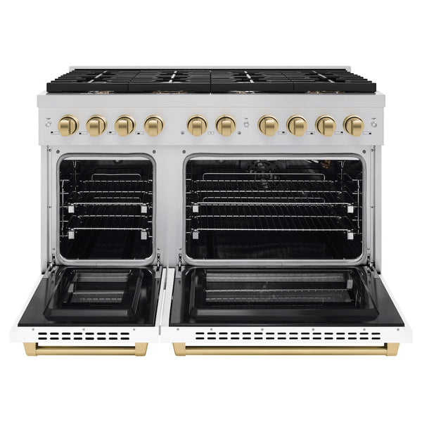 ZLINE Autograph Edition 48 in. 6.7 cu. ft. Paramount Double Oven Gas Range with 8 Burner Cooktop in Stainless Steel with White Matte Doors and Champagne Bronze Accents, Open Box-Good Condition