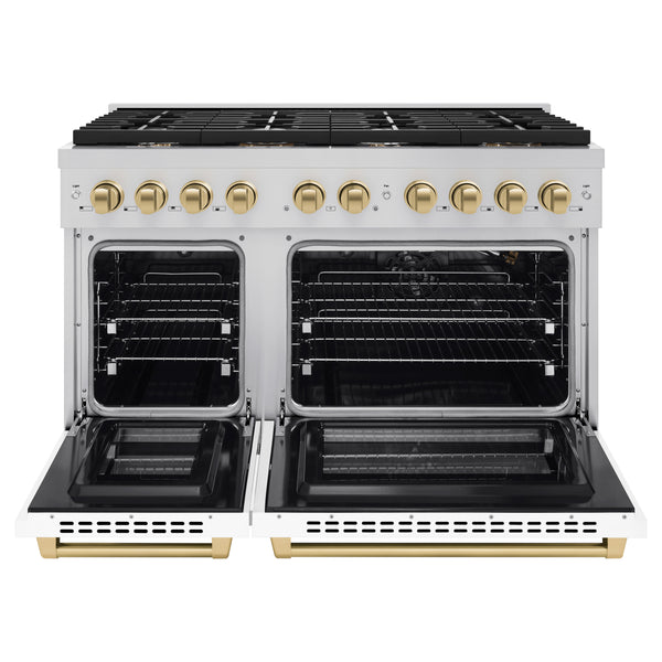 ZLINE Autograph Edition 48 in. 6.7 cu. ft. Paramount Double Oven Gas Range with 8 Burner Cooktop in Stainless Steel with White Matte Doors and Champagne Bronze Accents, Open Box-Great Condition