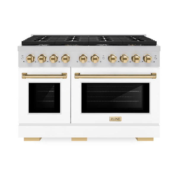 ZLINE Autograph Edition 48 in. 6.7 cu. ft. Paramount Double Oven Gas Range with 8 Burner Cooktop in Stainless Steel with White Matte Doors and Polished Gold Accents (SGRZ-WM-48-G)