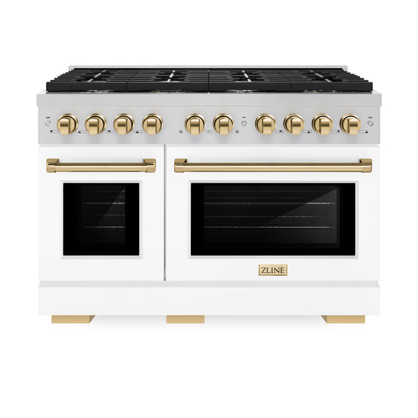 ZLINE Autograph Edition 48 in. 6.7 cu. ft. Paramount Double Oven Gas Range with 8 Burner Cooktop in Stainless Steel with White Matte Doors and Polished Gold Accents (SGRZ-WM-48-G)