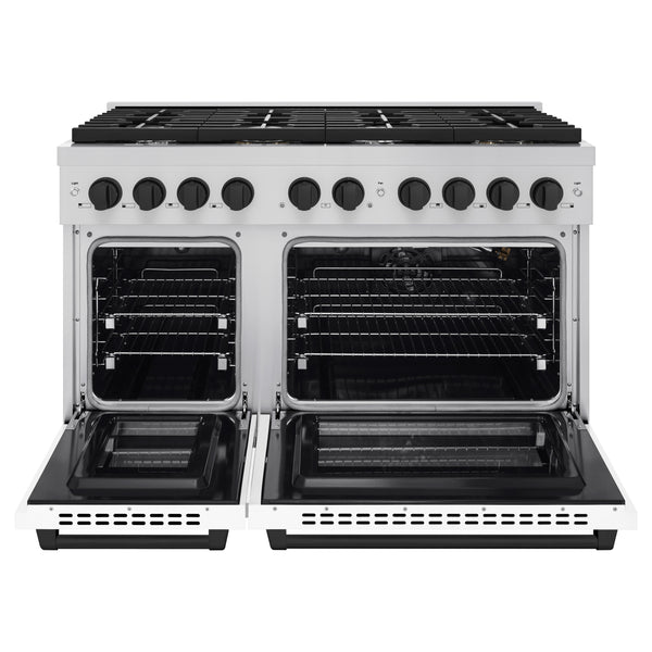 ZLINE Autograph Edition 48 in. 6.7 cu. ft. Paramount Double Oven Gas Range with 8 Burner Cooktop in Stainless Steel with White Matte Doors and Matte Black Accents, Open Box-Great Condition