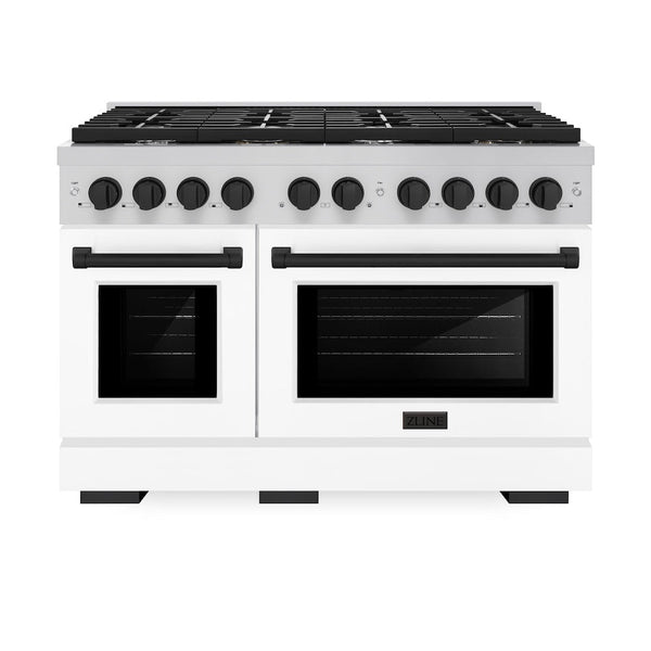 ZLINE Autograph Edition 48 in. 6.7 cu. ft. Paramount Double Oven Gas Range with 8 Burner Cooktop in Stainless Steel with White Matte Doors and Matte Black Accents, Open Box-Good Condition
