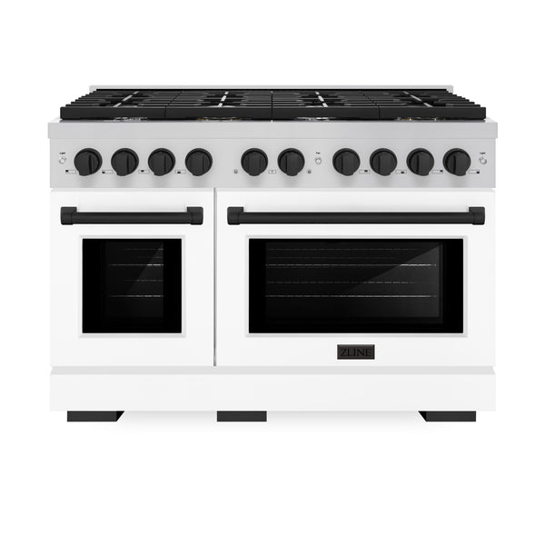 ZLINE Autograph Edition 48 in. 6.7 cu. ft. Paramount Double Oven Gas Range with 8 Burner Cooktop in Stainless Steel with White Matte Doors and Matte Black Accents, Open Box-Great Condition