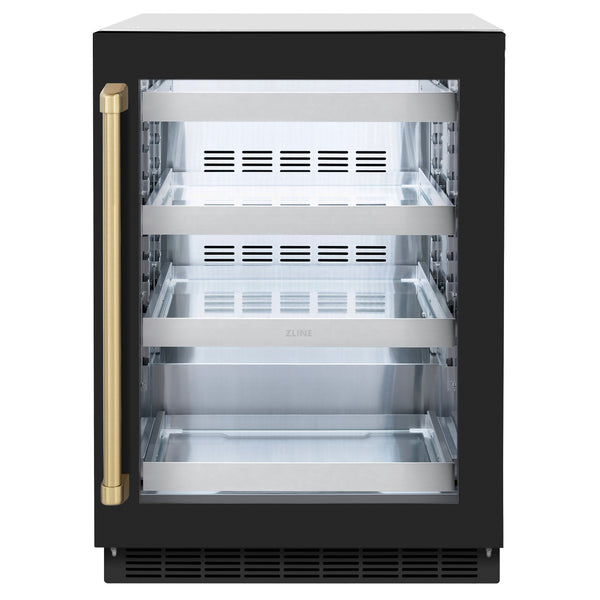 ZLINE Autograph Edition 24 in. Touchstone 151 Can Beverage Fridge With Black Matte Glass Door And Champagne Bronze Handle (RBSOZ-BLM-24-CB)