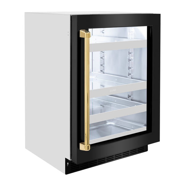 ZLINE Autograph Edition 24 in. Touchstone 151 Can Beverage Fridge With Black Stainless Steel Glass Door And Polished Gold Handle (RBSOZ-BS-24-G)