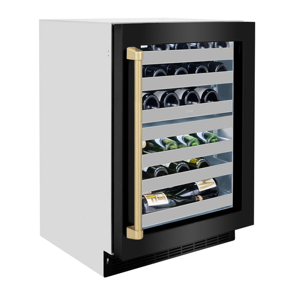 ZLINE Autograph Edition 24 in. Touchstone Dual Zone 44 Bottle Wine Cooler With Black Stainless Steel Glass Door And Champagne Bronze Handle (RWDOZ-BS-24-CB)