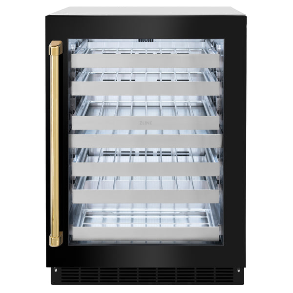 ZLINE Autograph Edition 24 in. Touchstone Dual Zone 44 Bottle Wine Cooler With Black Stainless Steel Glass Door And Polished Gold Handle (RWDOZ-BS-24-G)