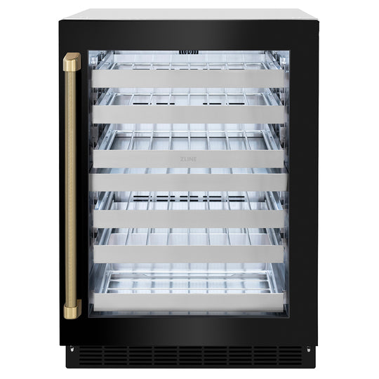 ZLINE Autograph Edition 24 in. Touchstone Dual Zone 44 Bottle Wine Cooler with Black Stainless Steel Glass Door and Champagne Bronze Helix Handle (RWDOZ-BS-24-KCB)
