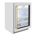 ZLINE Autograph Edition 24 in. Touchstone 151 Can Beverage Fridge With DuraSnow® Stainless Steel Glass Door And Polished Gold Handle (RBSOZ-SN-24-G)