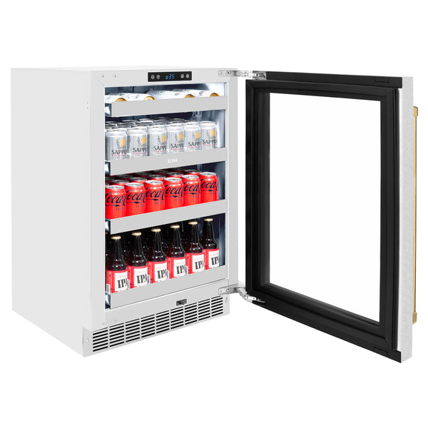 ZLINE Autograph Edition 24 in. Touchstone 151 Can Beverage Fridge With DuraSnow® Stainless Steel Glass Door And Polished Gold Handle (RBSOZ-SN-24-G)