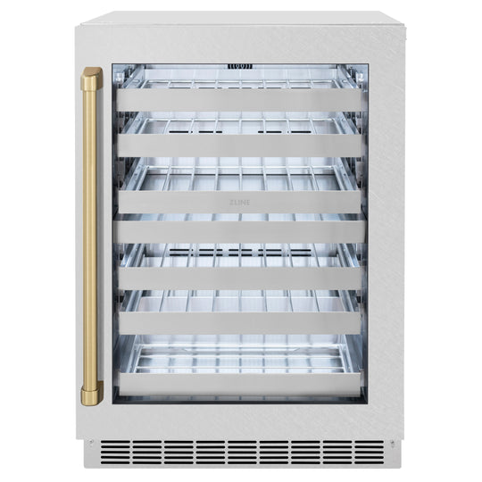 ZLINE Autograph Edition 24 in. Touchstone Dual Zone 44 Bottle Wine Cooler with Satin Stainless Steel Glass Door and Champagne Bronze Handle (RWDOZ-SN-24-CB)