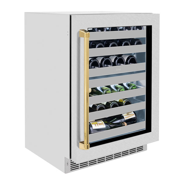 ZLINE Autograph Edition 24 in. Touchstone Dual Zone 44 Bottle Wine Cooler With DuraSnow® Stainless Steel Glass Door And Polished Gold Handle (RWDOZ-SN-24-G)