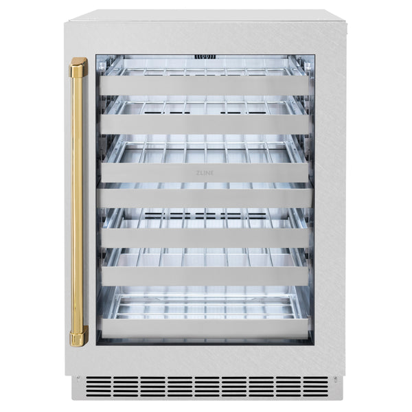 ZLINE Autograph Edition 24 in. Touchstone Dual Zone 44 Bottle Wine Cooler With DuraSnow® Stainless Steel Glass Door And Polished Gold Handle (RWDOZ-SN-24-G)