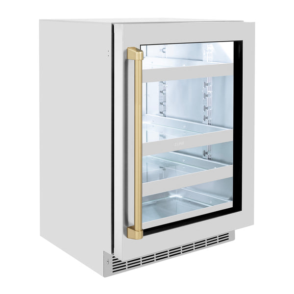 ZLINE 24 In. Touchstone Beverage Fridge with Stainless Steel Glass Door and Champagne Bronze Handle (RBSOZ-GS-24-CB)