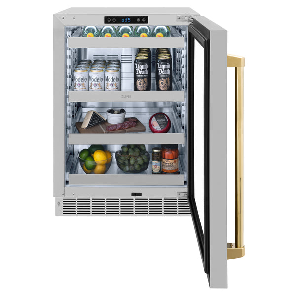 ZLINE 24 In. Touchstone Beverage Fridge with Stainless Steel Glass Door and Polished Gold Handle (RBSOZ-GS-24-G)