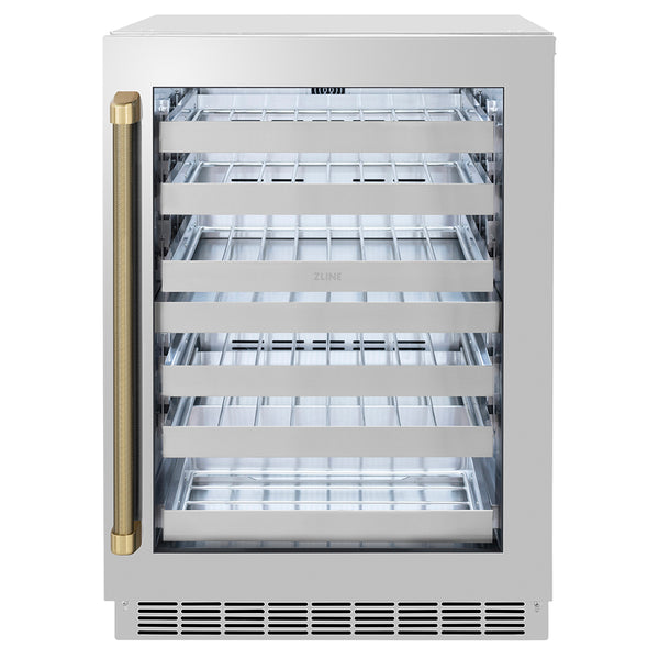 ZLINE Autograph Edition 24 in. Touchstone Dual Zone 44 Bottle Wine Cooler with Stainless Steel Glass Door and Champagne Bronze Helix Handle (RWDOZS-24-KCB)