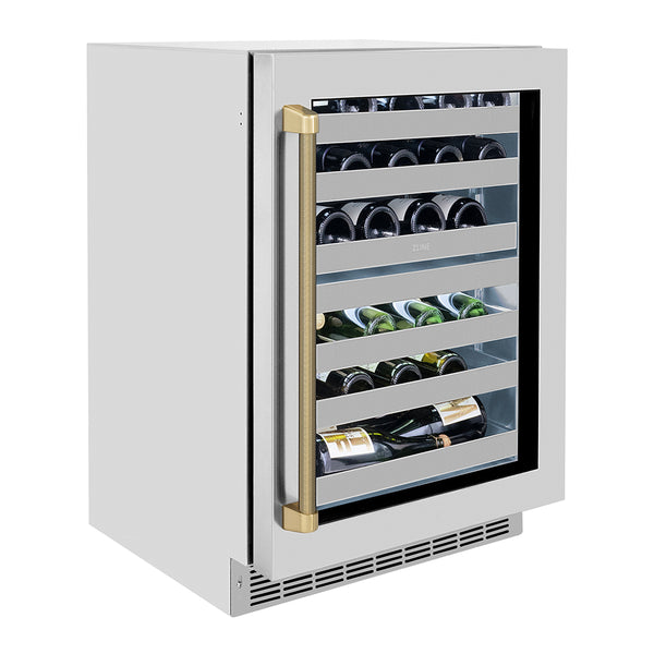 ZLINE Autograph Edition 24 in. Touchstone Dual Zone 44 Bottle Wine Cooler with Stainless Steel Glass Door and Champagne Bronze Helix Handle (RWDOZS-24-KCB)