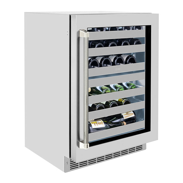 ZLINE Autograph Edition 24 in. Touchstone Dual Zone 44 Bottle Wine Cooler with Stainless Steel Glass Door and Polished Nickel Helix Handle (RWDOZS-24-KPN)