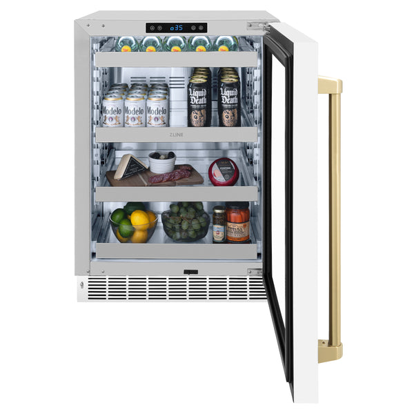 ZLINE Autograph Edition 24 in. Touchstone 151 Can Beverage Fridge With White Matte Glass Door And Champagne Bronze Handle (RBSOZ-WM-24-CB)