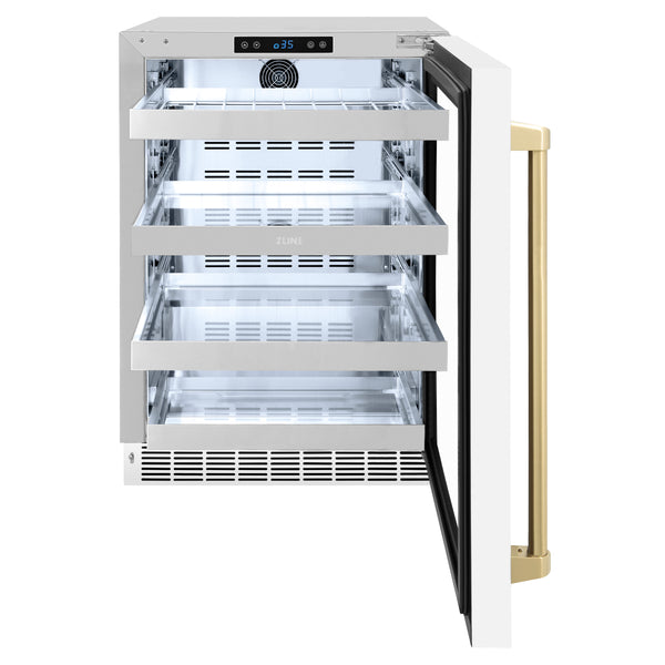 ZLINE Autograph Edition 24 in. Touchstone Dual Zone 44 Bottle Wine Cooler With White Matte Glass Door And Champagne Bronze Handle (RWDOZ-WM-24-CB)