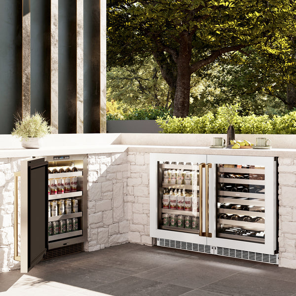 ZLINE Autograph Edition 24 in. Touchstone Dual Zone 44 Bottle Wine Cooler With White Matte Glass Door And Polished Gold Handle (RWDOZ-WM-24-G)