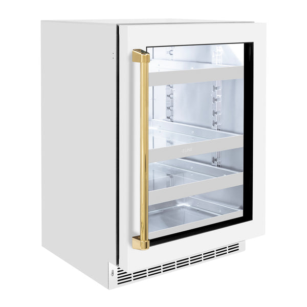 ZLINE Autograph Edition 24 in. Touchstone Dual Zone 44 Bottle Wine Cooler With White Matte Glass Door And Polished Gold Handle (RWDOZ-WM-24-G)