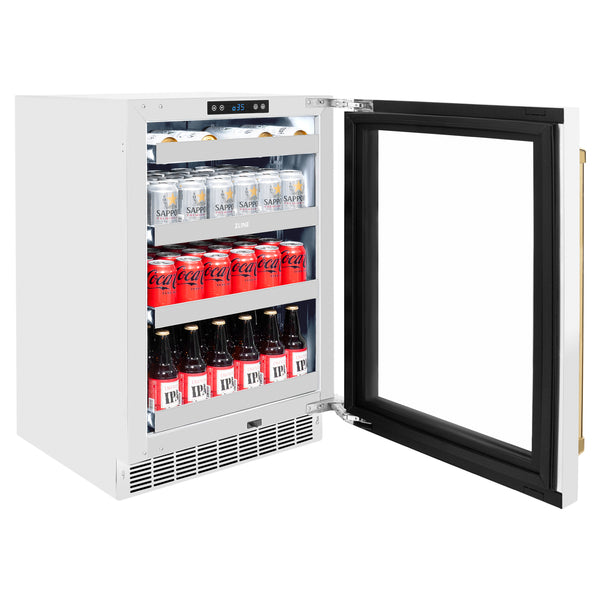 ZLINE Autograph Edition 24 in. Touchstone Dual Zone 44 Bottle Wine Cooler With White Matte Glass Door And Polished Gold Handle (RWDOZ-WM-24-G)