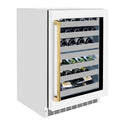 ZLINE Autograph Edition 24 in. Touchstone Dual Zone 44 Bottle Wine Cooler With White Matte Glass Door And Polished Gold Handle (RWDOZ-WM-24-G)