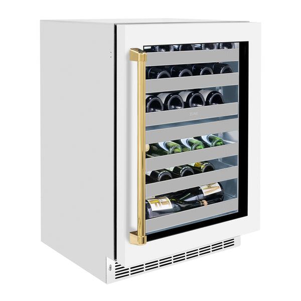 ZLINE Autograph Edition 24 in. Touchstone Dual Zone 44 Bottle Wine Cooler With White Matte Glass Door And Polished Gold Handle (RWDOZ-WM-24-G)