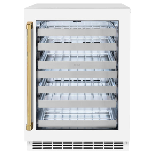 ZLINE Autograph Edition 24 in. Touchstone Dual Zone 44 Bottle Wine Cooler With White Matte Glass Door And Polished Gold Handle (RWDOZ-WM-24-G)