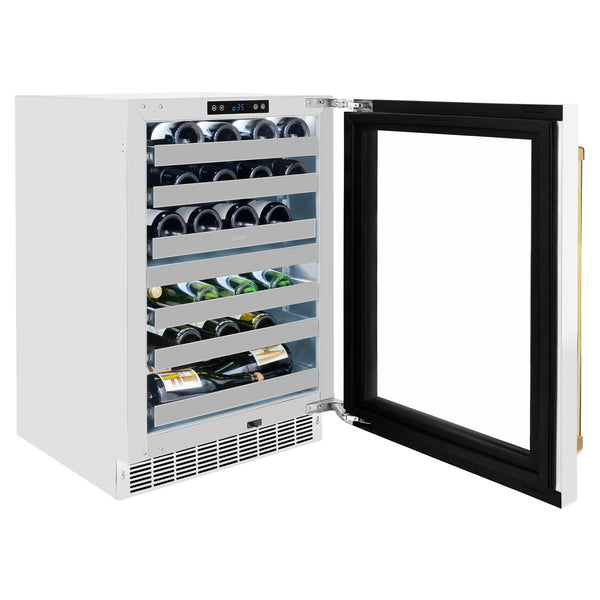 ZLINE Autograph Edition 24 in. Touchstone Dual Zone 44 Bottle Wine Cooler With White Matte Glass Door And Polished Gold Handle (RWDOZ-WM-24-G)